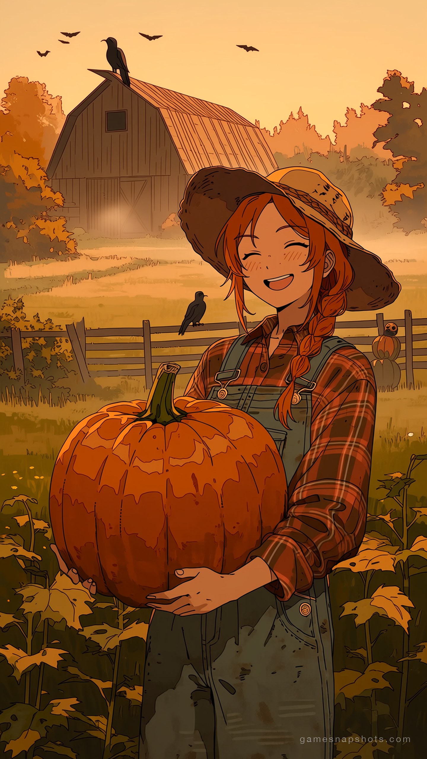 A woman with a copper braid carries a giant pumpkin through a misty pumpkin patch at dusk, a scarecrow and barn behind her