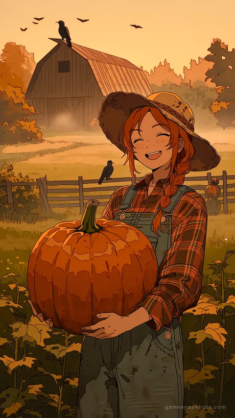 A woman with a copper braid carries a giant pumpkin through a misty pumpkin patch at dusk, a scarecrow and barn behind her