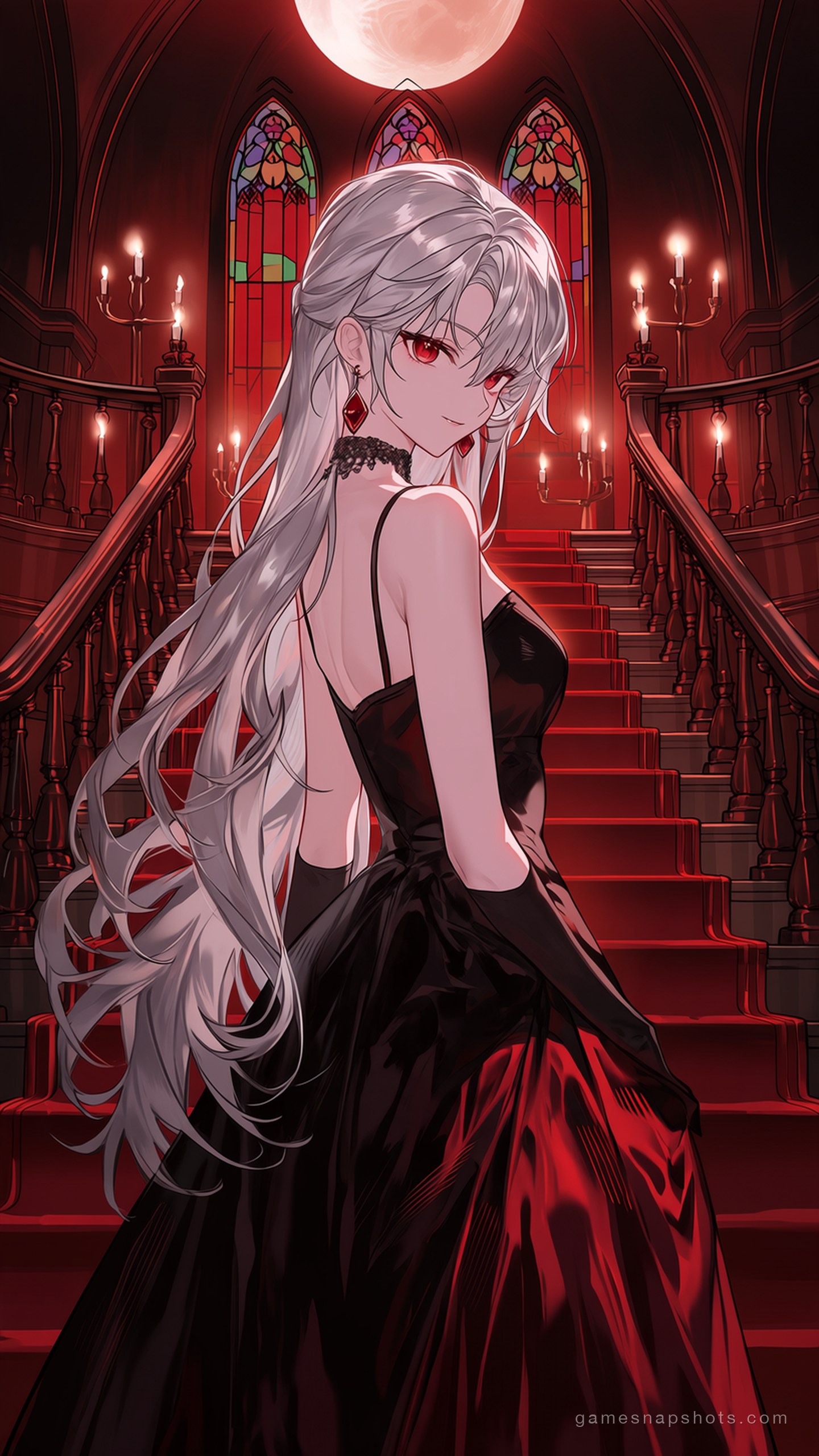 A silver-haired vampire noble in a black velvet evening gown looks back from the top of a candlelit gothic staircase
