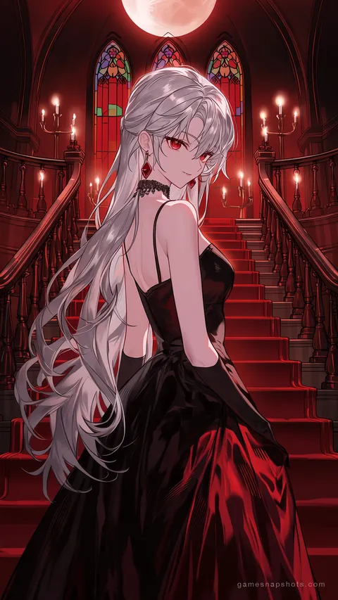 A silver-haired vampire noble in a black velvet evening gown looks back from the top of a candlelit gothic staircase