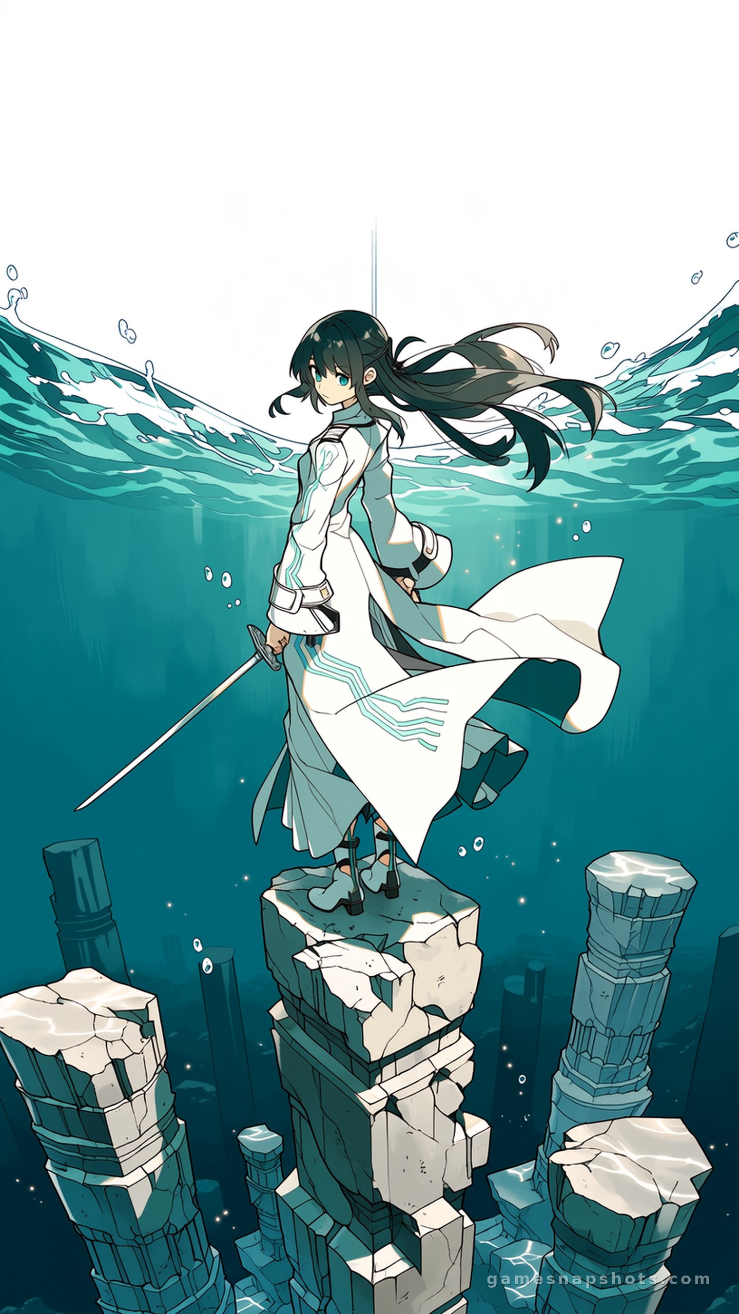 A black-haired swordswoman in a white coat with teal circuit lines stands on a broken pillar above a silver sea of sunken towers