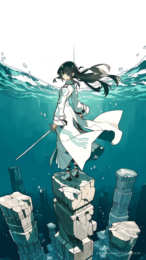 沉沒高塔林立的銀色海面上，黑髮劍士站在斷裂的石柱上，帶青綠色電路紋的白色長外套隨海風飛揚