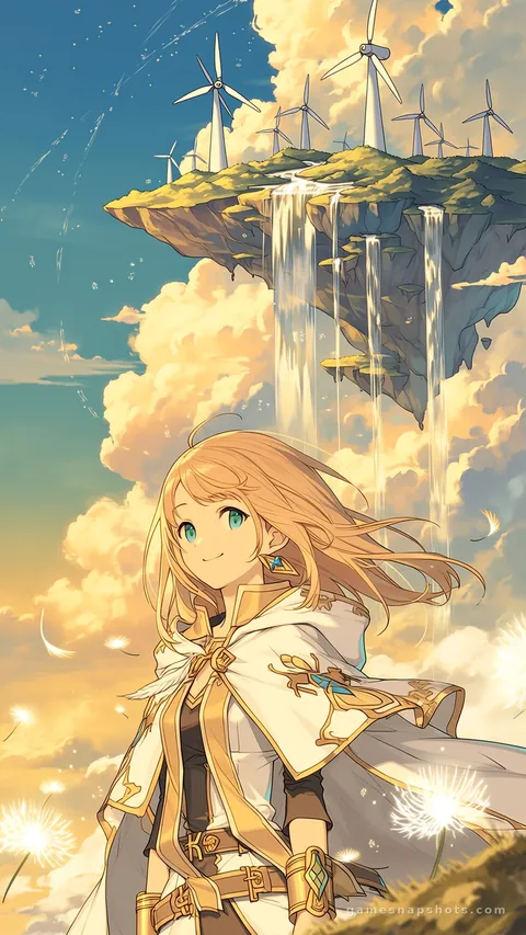 A honey-blonde adventurer in a white travel cloak stands at the edge of a floating island as dandelion seeds swirl around her