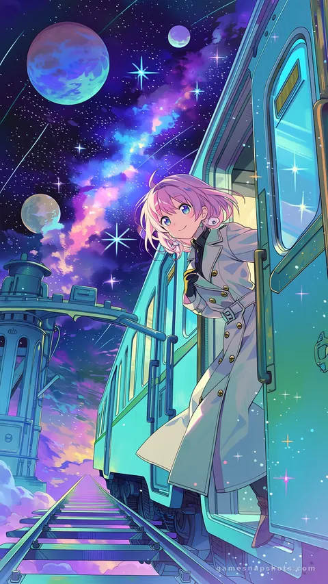A pink-haired navigator in a conductor coat leans out of a vintage train crossing a nebula on glowing rails
